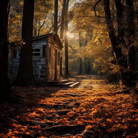 Wooden cottage in the autumn forest. Wooden cottage in the forest.Generative AIの素材
