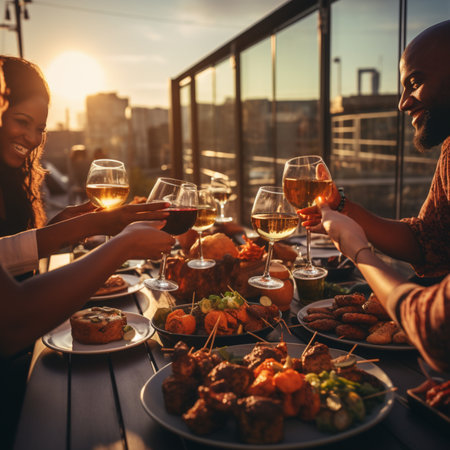 Group of happy friends having dinner together at a rooftop restaurant, taking a selfieの素材