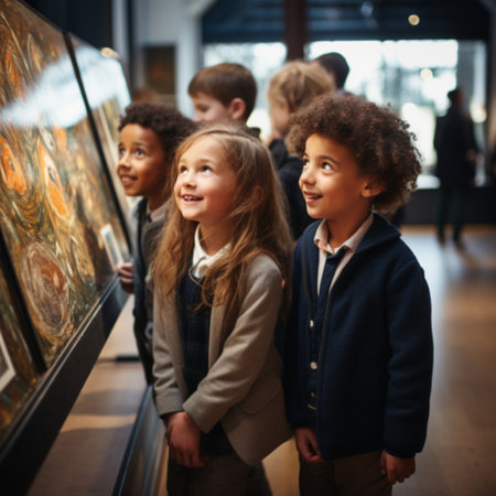 Group of children looking at paintings in museum. Selective focus.の素材