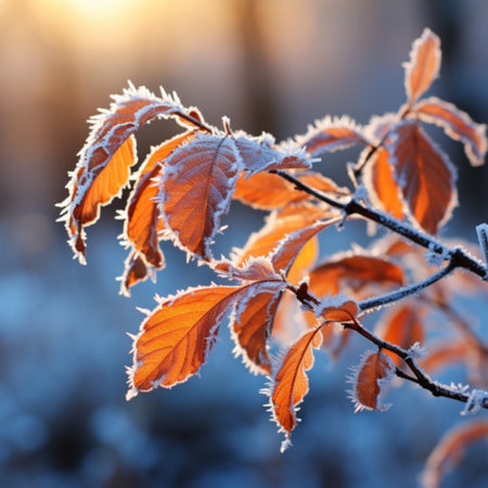 Frosted leaves in the rays of the setting sun. Beautiful winter background.の素材