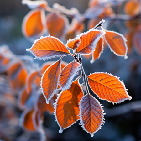 Frosted leaves of a beech tree on a sunny winter dayの素材