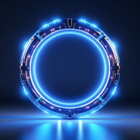 Neon circles. Glowing blue neon circle. Vector illustration.の素材