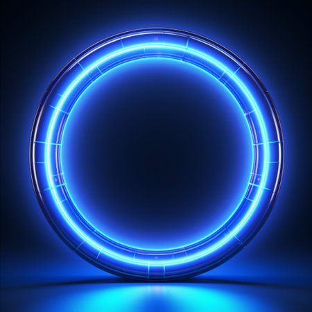 Neon circle on a blue background. 3d rendering, 3d illustration.の素材