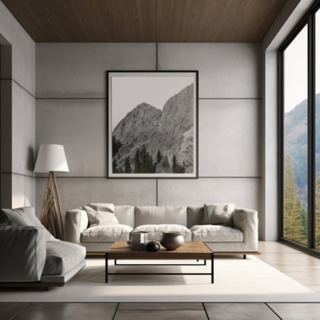 Minimalist living room interior with a concrete wall, a wooden floor, a gray sofa and a framed picture. 3d rendering mock up