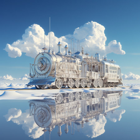 3D illustration of a steam locomotive in the sky with cloudsの素材