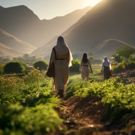 Rear view of two arabic women walking in the field at sunsetの素材
