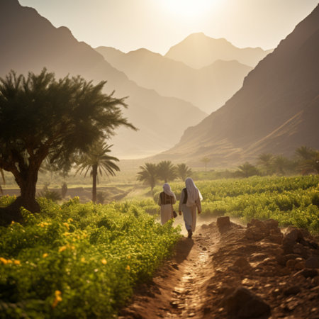 Two women walking in the field at sunset in Egypt, Africa.の素材