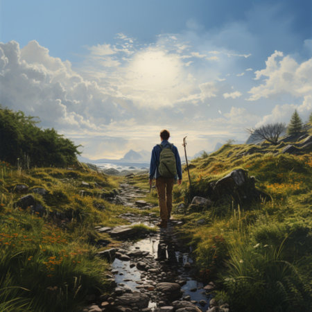 Digital composite of Man walking in the field with mountain and sky backgroundの素材