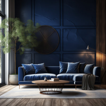 Modern living room interior with blue walls, wooden floor, dark blue sofa and round coffee table. 3d renderingの素材