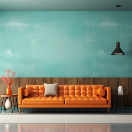 Interior of modern living room with orange sofa 3d render illustrationの素材