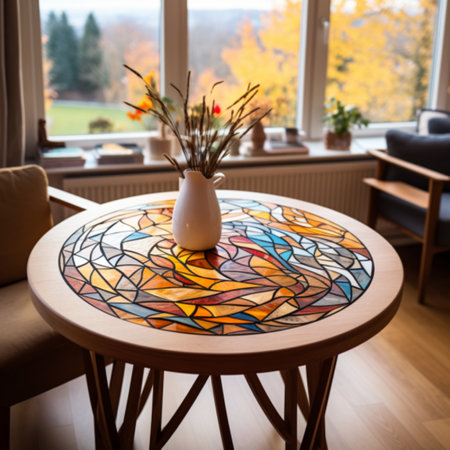 Interior of a modern living room with a round table and a vase of flowers on itの素材