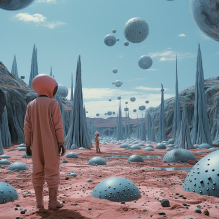 Astronaut looking at alien planet. 3d render illustration.の素材