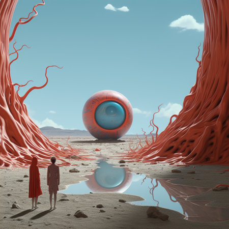 3d illustration of an eye and a woman standing on the beachの素材