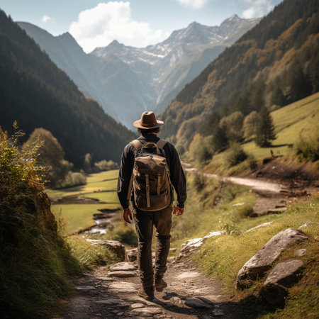 Man with a backpack walking on a mountain trail in the mountains.の素材