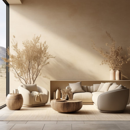 Interior of modern living room with beige walls, tiled floor, beige sofa and wooden coffee table with vase. 3d renderingの素材