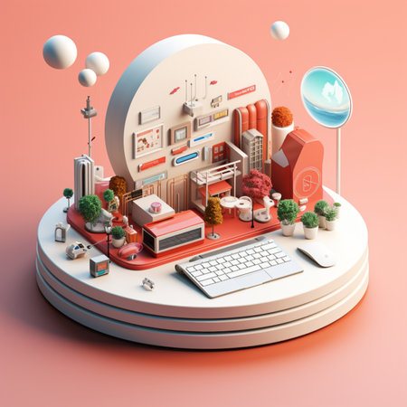 3d isometric illustration of a big city on a round podium.の素材