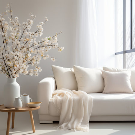modern living room with white sofa and flowers in vase, 3d render,Generative AIの素材