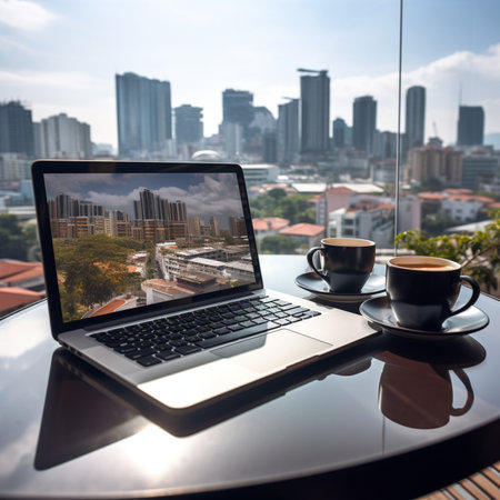 Laptop and coffee cup on the table with cityscape background,Generative AIの素材