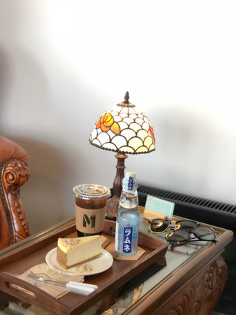 coffee and cake on table in coffee shop, vintage style.の写真素材