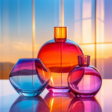 Perfume bottle on a glass table. Perfumery background.の素材