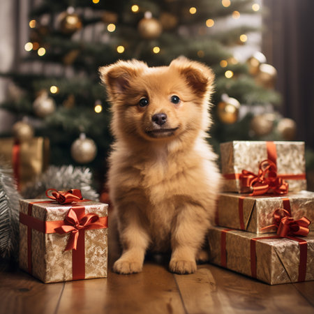 Cute pomeranian puppy with gift boxes near christmas tree,Generative AIの素材