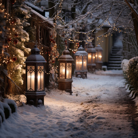 Lanterns on a snowy winter street in the evening,Generative AIの素材