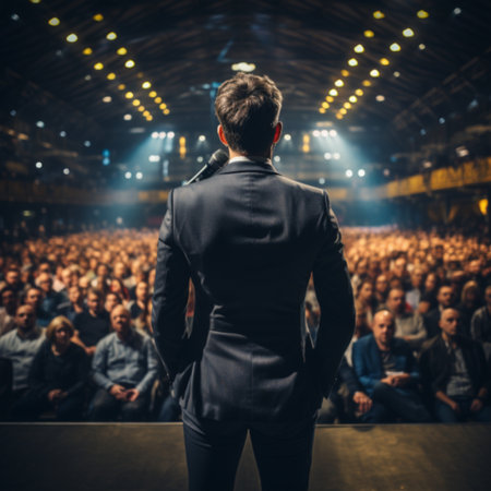 Rear view of a businessman standing in front of a large audience.の素材