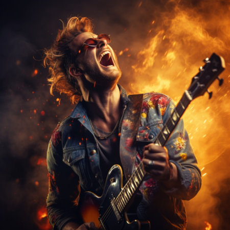 Young man playing electric guitar on fire background. Rock and roll,Generative AIの素材