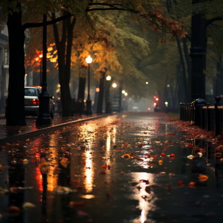 Autumn rain in the city. Fallen leaves on the sidewalk,Generative AIの素材