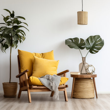 Interior of living room with armchair, rattan lamp and monstera plantの素材