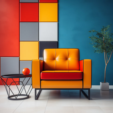 Interior of modern living room with orange armchair and colorful wall. 3d renderの素材