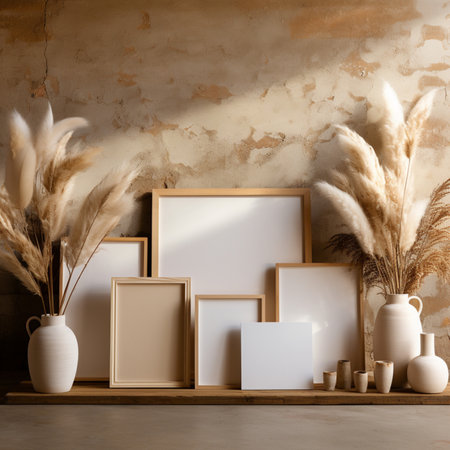Mock up poster frame with pampas grass in vase. 3d renderingの素材