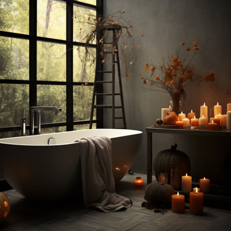 Bathroom interior with bathtub and candles, 3d renderの素材