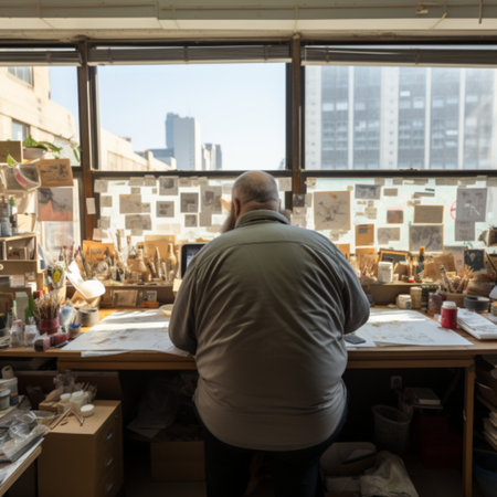A man working in a pottery workshop, looking through a windowの素材