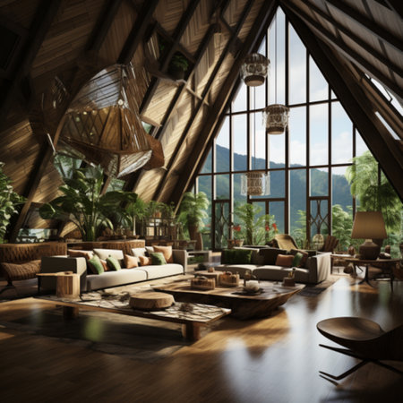 Interior of modern living room with wooden roof. 3d renderingの素材
