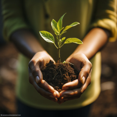Plant in the hands of a young woman. The concept of environmental protection.の素材
