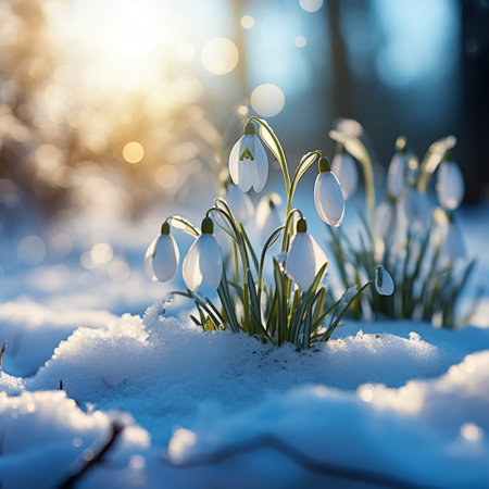 Snowdrop flowers in sunlight. Beautiful springtime background with snowdrops.の素材