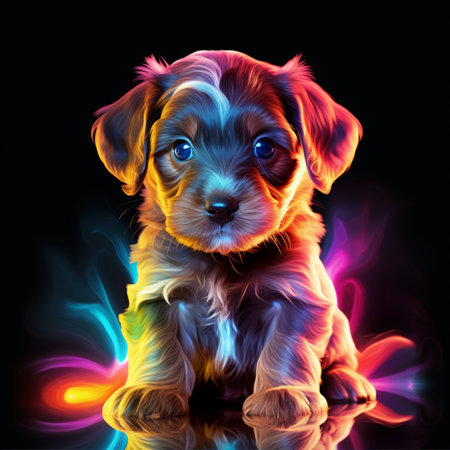 Dachshund Puppy with Colorful Smoke on Black Backgroundの素材