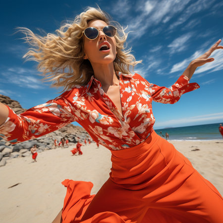 Beautiful girl blonde in a red dress on the beach on a sunny dayの素材