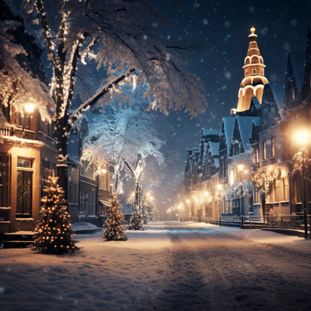 Christmas and New Year holidays background. Panoramic view of the old town at night,Generative AIの素材