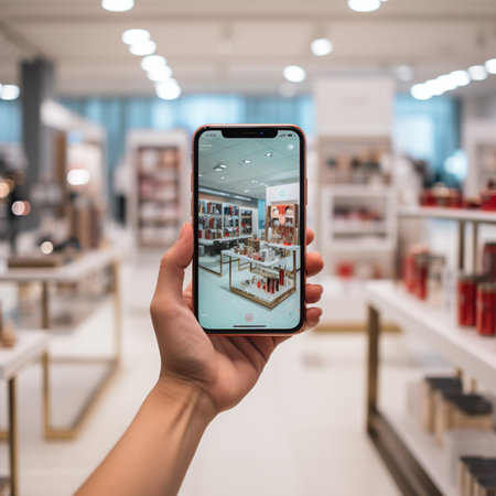 Smartphone in hand of a woman in a shopping mall. She is holding a phone in her hand.の素材
