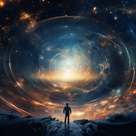 Man standing on the edge of a cliff and looking to the infinite spaceの素材