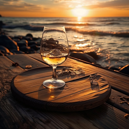 A glass of white wine on a wooden table on the background of the sea and sunset.の素材