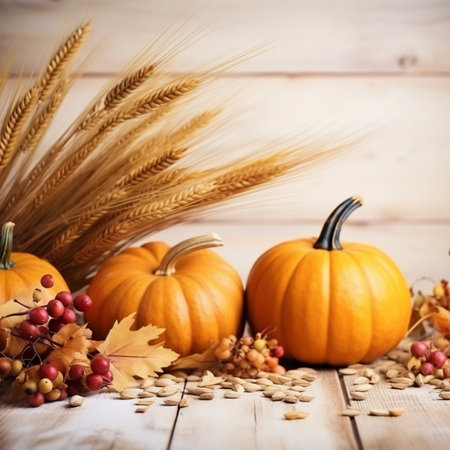 Autumn still life with ripe pumpkins and wheat on wooden backgroundの素材