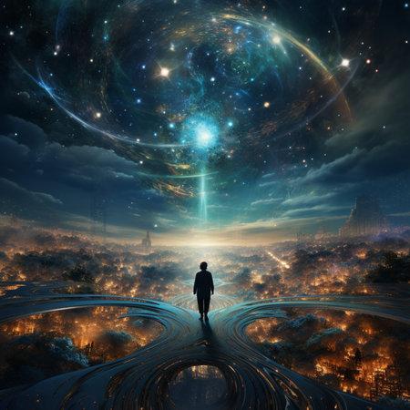 Businessman walking on the road leading to the planet. 3D renderingの素材