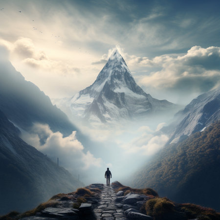 Man walking on the path to mount Matterhorn in the clouds,Generative AIの素材