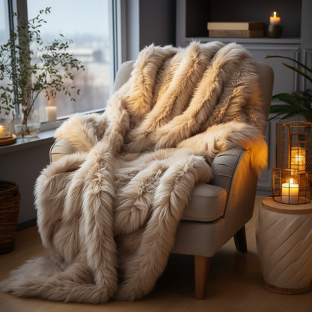 Cozy living room interior with armchair and candles on windowsill,Generative AIの素材