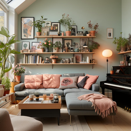 Interior of living room with blue sofa, piano, books and plantsの素材