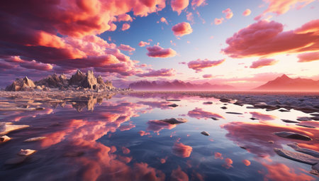 Fantasy landscape with mountains and lake. 3d render illustration.の素材