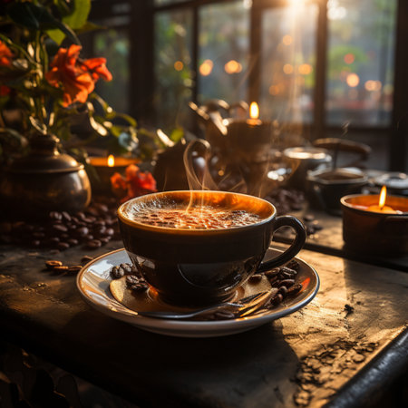 Coffee cup and coffee beans on wooden table in coffee shopの素材